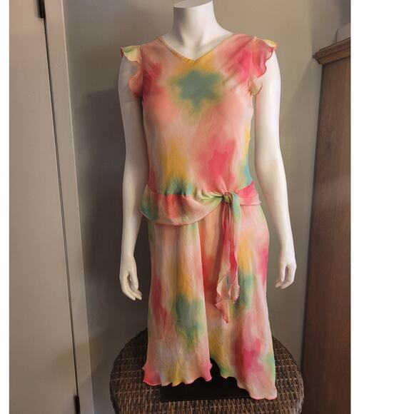 Pastel Sherbet Tie-Dye Ruffle Layered Fairycore Midi Dress Sz Small Balletcore - Picture 1 of 10